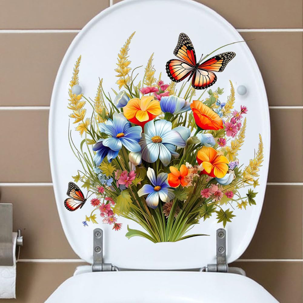Toilet Stickers Bathroom Wall Decor Flowers Green Plant Butterflies Vinyl Sticker Wall Decals Peel and Stick Wall Stickers for Living Room Bedroom,