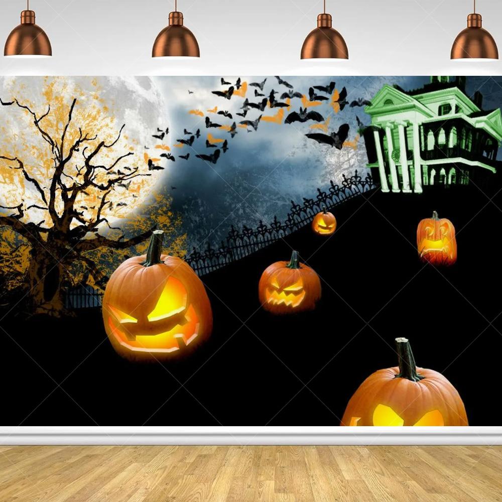Halloween Horror Night Party Family Gathering Pumpkin Lantern Evil Witch Black Castle Cemetery Forest Background Cloth backdrop