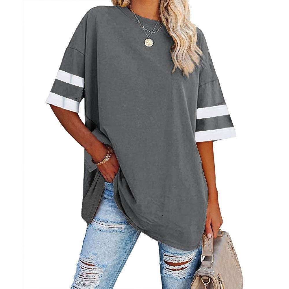 Women's Loose Half-sleeve Round Neck Colour Clashing Drawstring T-shirt