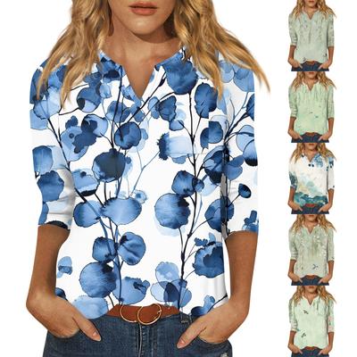 Γυναικείο πουκάμισο μόδας Casual Raglan με μανίκια V λαιμόκοψη 3/4 μανίκι Φαρδύ εμπριμέ μπλουζάκι Γυναικείο τοπ