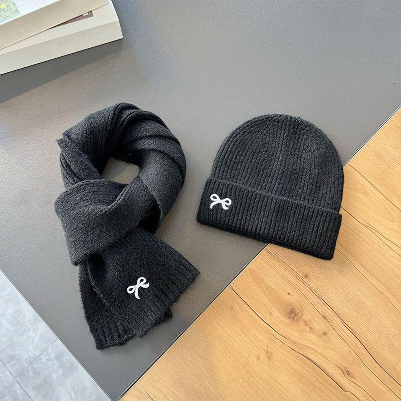 Autumn Winter Cute Bow Embroidered Knitted Cap And Scarf 2-Piece Set For Children