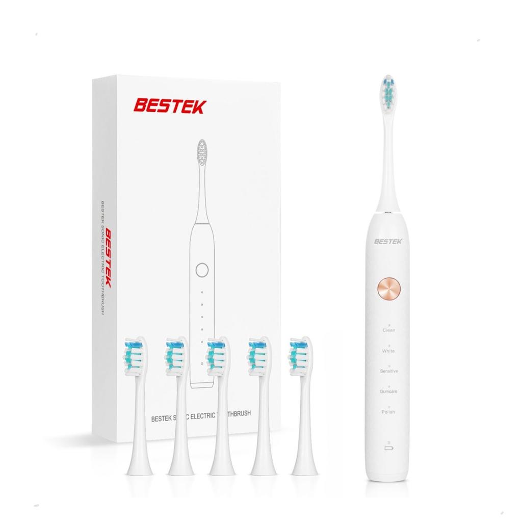 BESTEK Sonic Electric with 6 Replacement 5 Brushing Auto IPX7 USB Plaque Removal Toothbrush, BTK1-JP, Brushes, Modes, 2-Minute Timer, Waterproof,