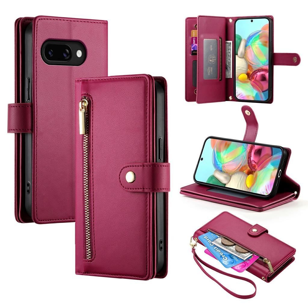DF-011 For Google Pixel 9a Case Zipper Pocket Wallet Leather Phone Cover with Straps