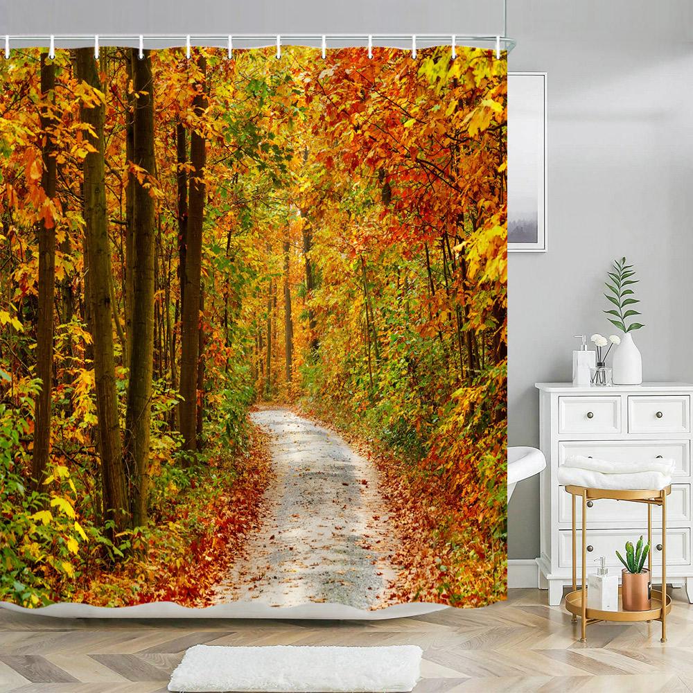 Watercolor Autumn Hanging Leaves Botanical Shower Curtain Fall Thanksgiving Bathroom Bathtubs Decor Easy Care Washable Durable