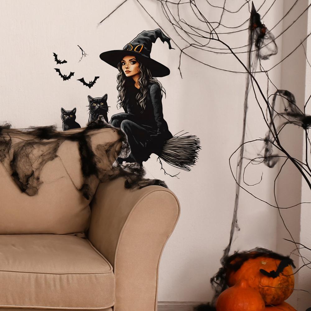 Halloween Cartoon Witch Bat Black Cat Bedroom Living Room Home Beautification Wall Stickers