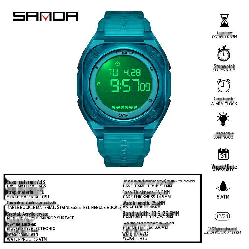 Sanda Multifunctional Luminous Waterproof Student Countdown Watch with Alarm