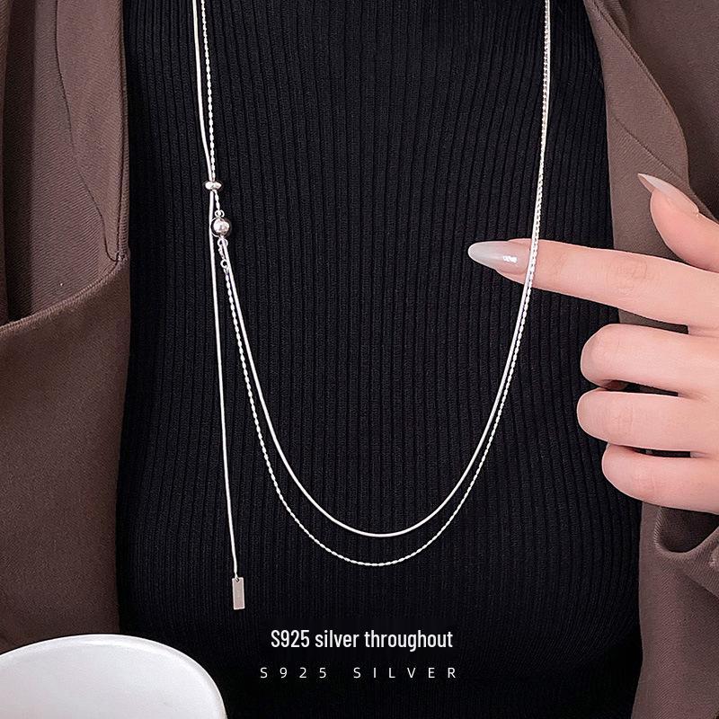 Banyan Tree S925 Silber Doppellagige Asymmetrische Kugel Pullover Halskette - Koreanischer Stil, Herbst/Winter Kollektion für Damen