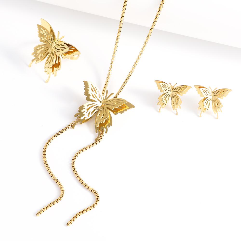 18K Gold Plated Titanium Jewelry Set: Pull-out Butterfly Necklace, Tassel Earrings, Luxury Studs, and Sweater Chain Ring