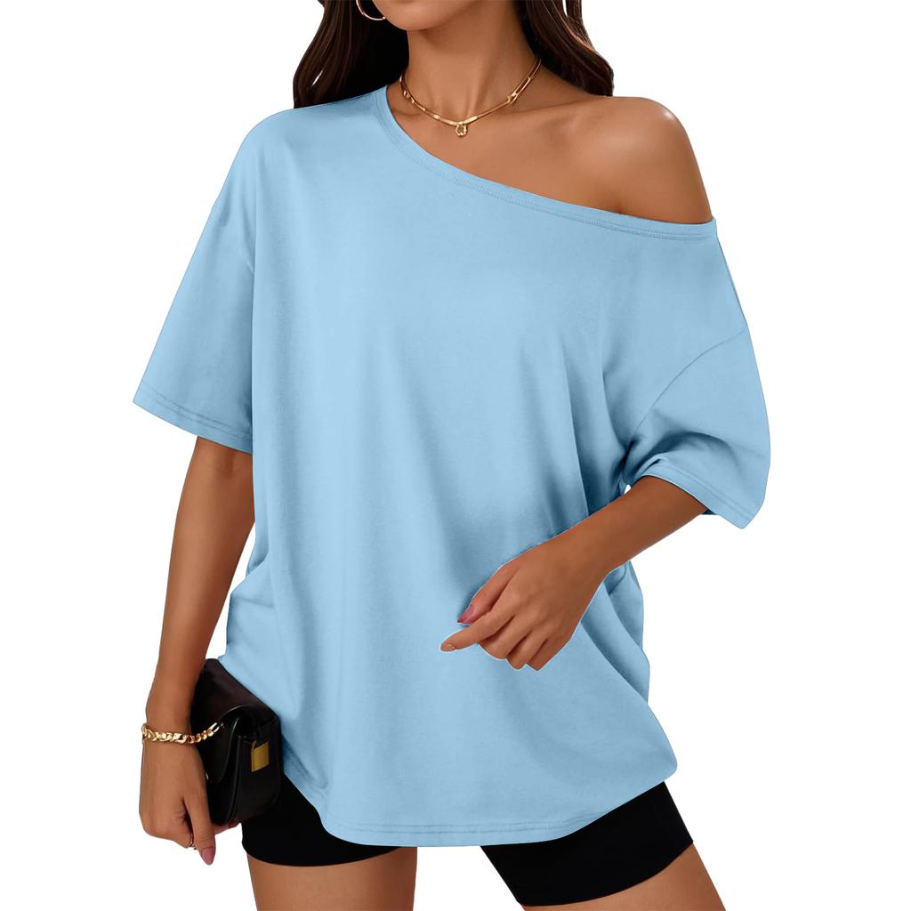 Women's Fashion Off-Shoulder T-Shirt Solid Color Loose-Fit Short Sleeve Top
