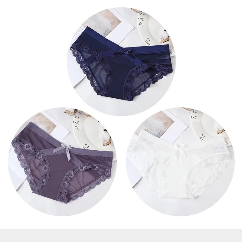 Women's Sexy Panties Transparent Mesh Breathable Briefs Underwear Low-Rise Bow Floral Panty for Lady Girl 3 Pcs/set
