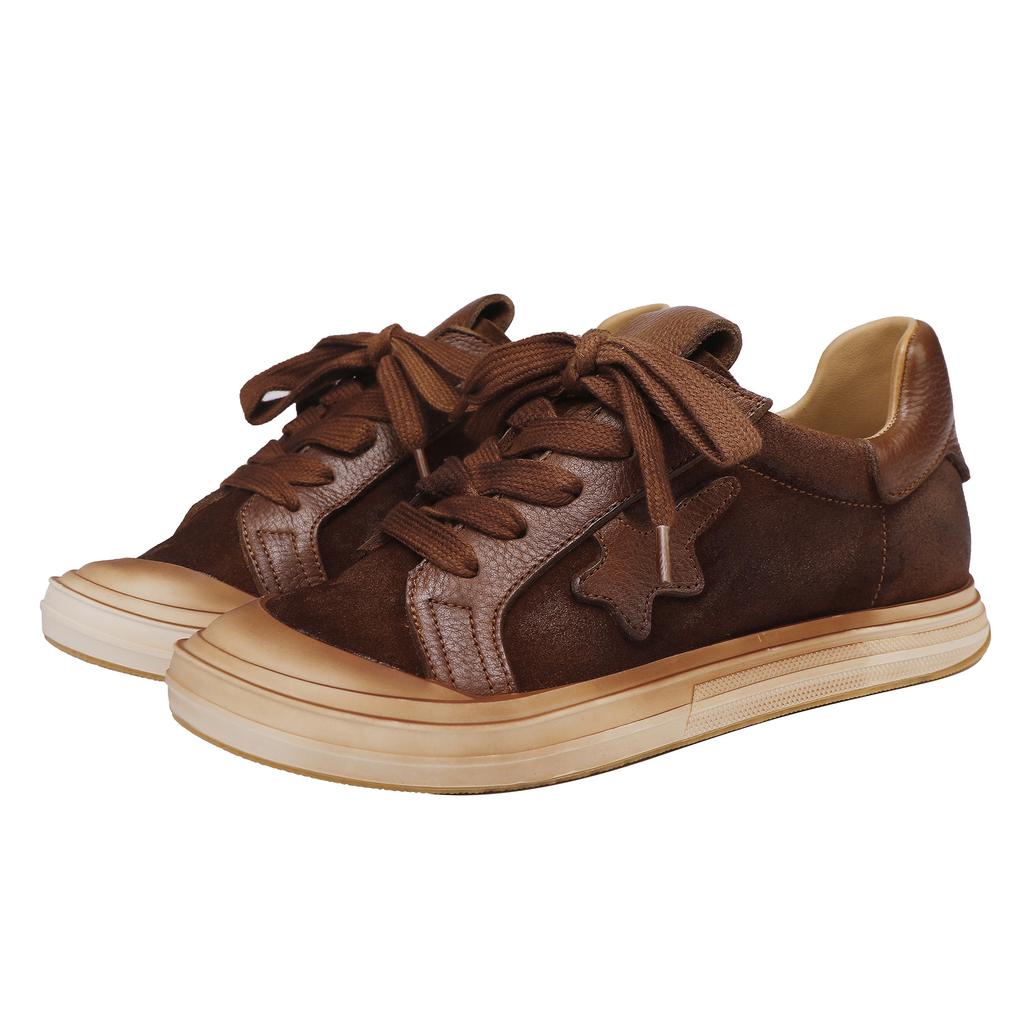 Johnature Versatile Women's Shoes Genuine Leather Solid Color Lace Up Casual Cowhide Soft Soled Flat Shoes