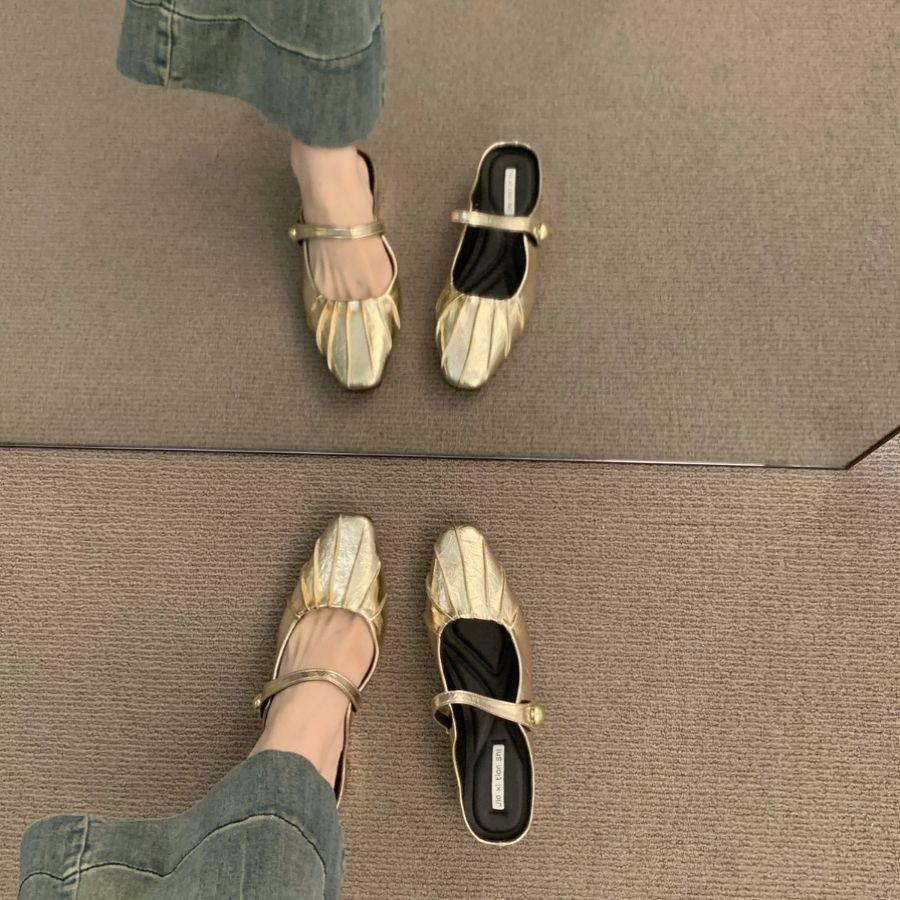 Silver bag head half slippers women's shoes wear 2025 new summer French Mary Jane half a word with single shoes