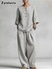 Ensemble deux pièces en coton et lin pour femme Haut vintage boutonné à manches courtes Pantalon ample à jambes larges Tenue décontractée