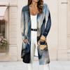 Women Plus Size Open Front Long Sleeve Blue Gold Printed Longline Cardigan With Pockets