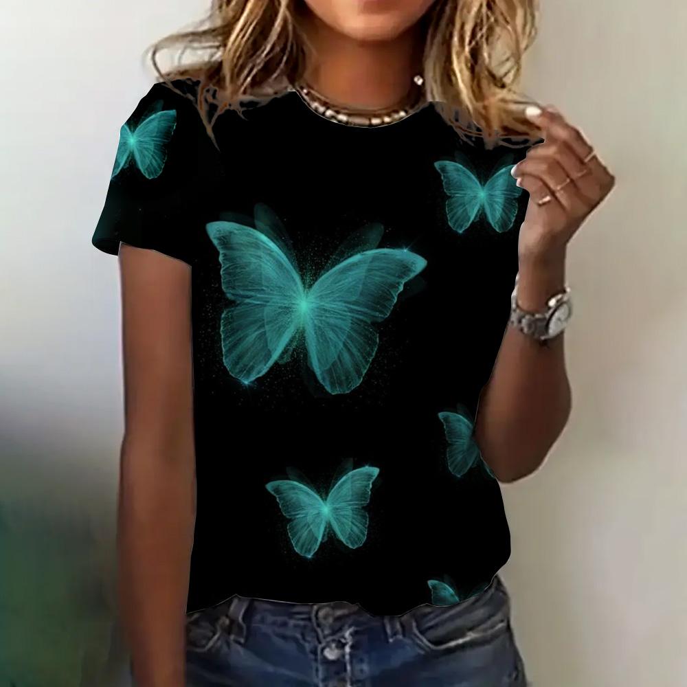 Women's Clothing Summer 3D Printed T-shirt Loose Breathable Short Sleeve Fashion Butterfly Print Round Neck Casual Top Women's T-shirt