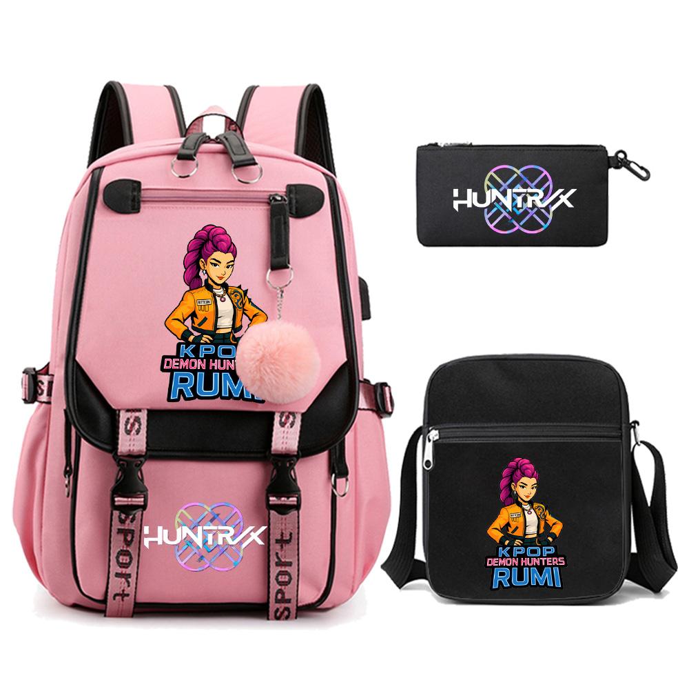 3Pcs/set Anime K-pop Demon Hunters Printed Backpack with Shoulder Bag for Teenager Student Girl Boy Bookbag Large Capacity Travel Bag Kid Gift