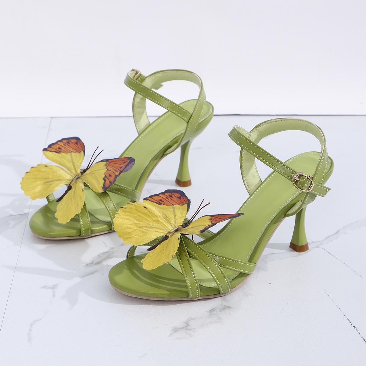 

European and American women s new three-dimensional flower one-word buckle strap cross strap round head open-toed fine high-heeled sandals women s 43 зелений