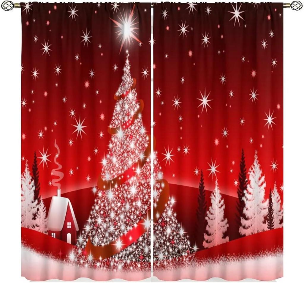 Christmas Curtains Red White Snowflakes Xmas Merry New Year Winter Holiday Party Decor Window Drapery Treatments Curtain Made Of Polyester