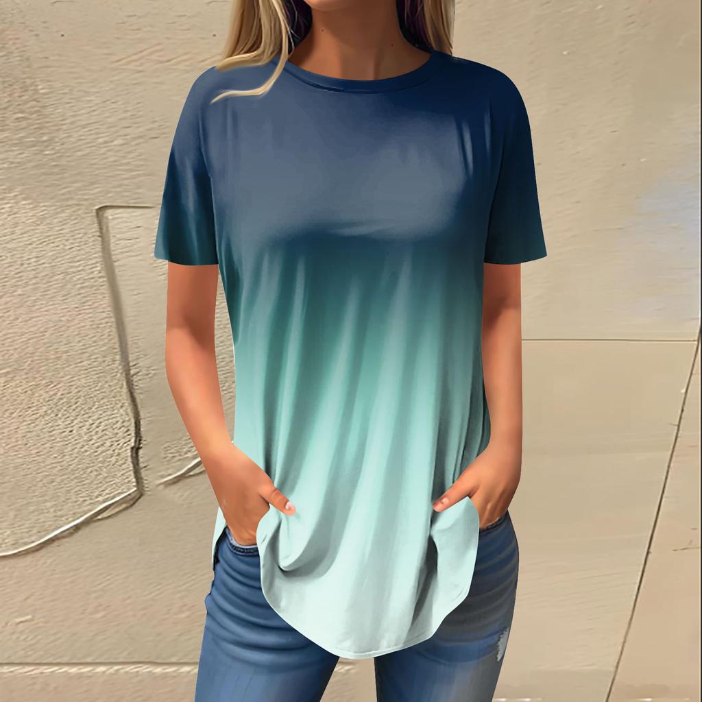 Women's Fashion Casual Round Neck Gradient Printed Short Sleeve Pullover T-Shirt Top
