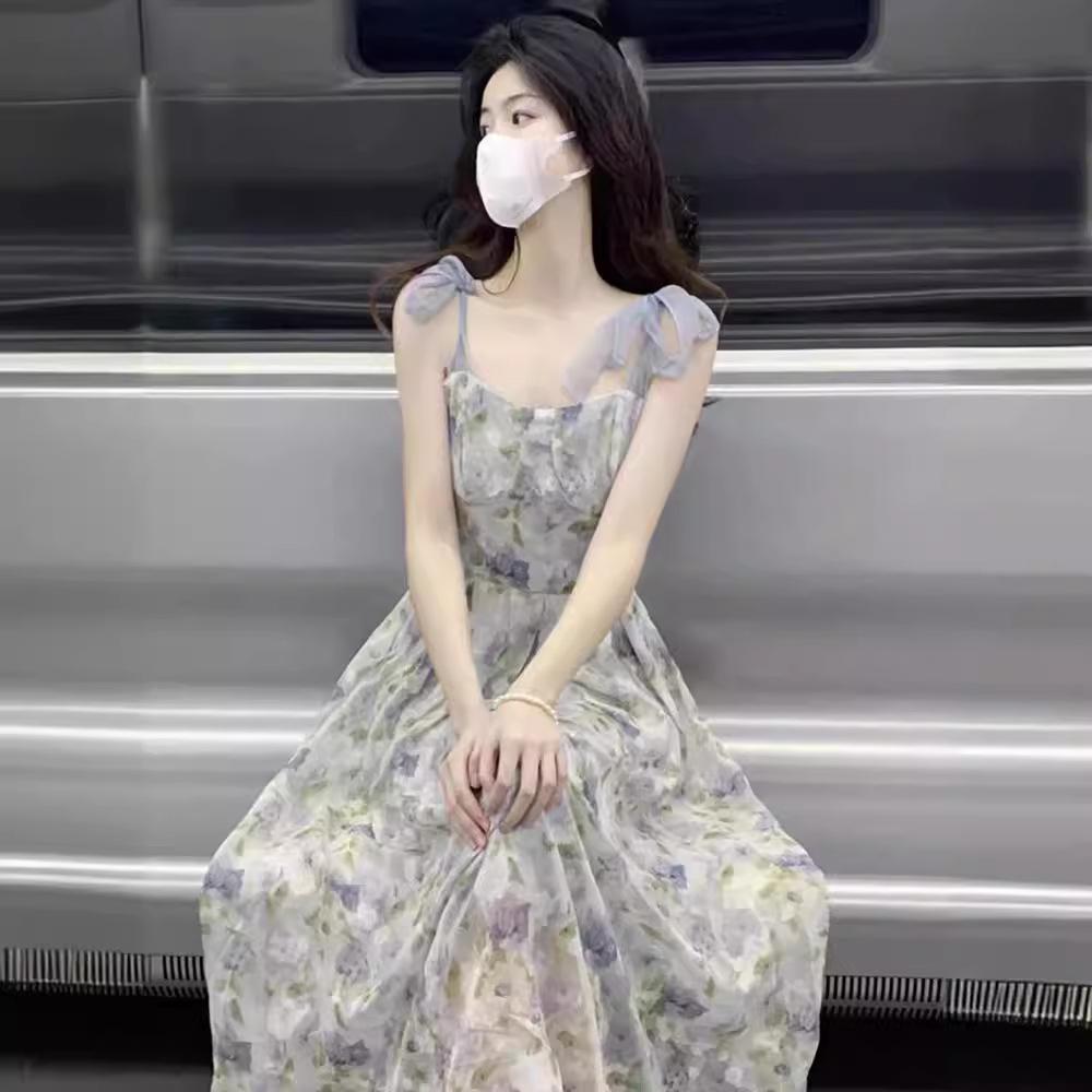 Rochie de vară florală cu bretele - Design lung de zână franțuzoaică