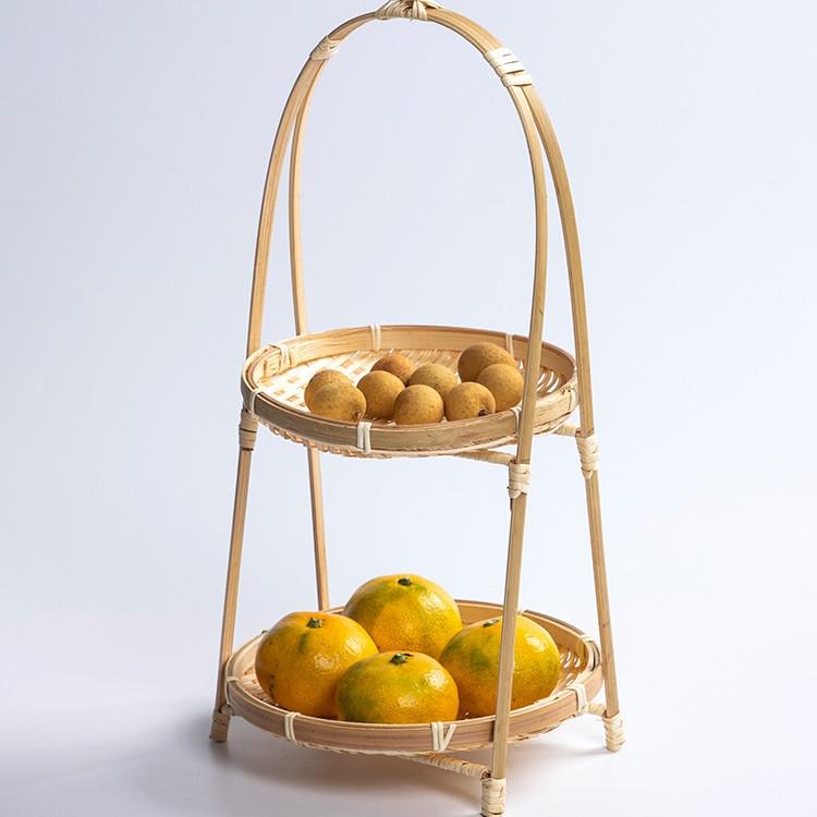 Round Handle Bamboo Woven Basket for Tea, Snacks, Pastries, and Fruits – Small Multi-Layered Design