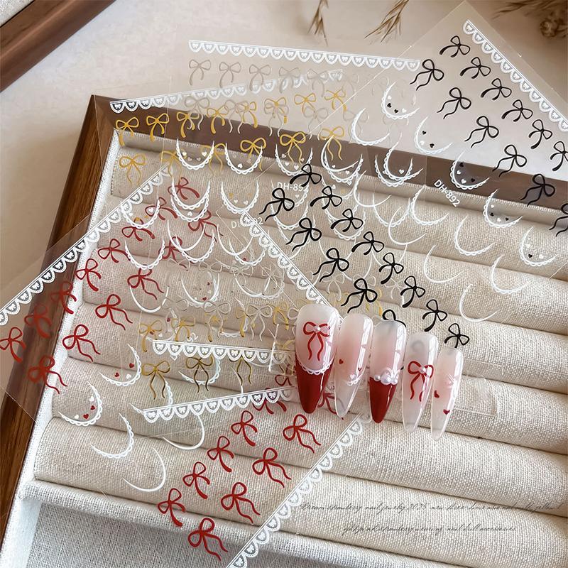 1 Sheet French Bowknot Silk Ribbon Nail Art Sticker Lace Elegant Line Soft Self Adhesive Decoration Manicure Decal