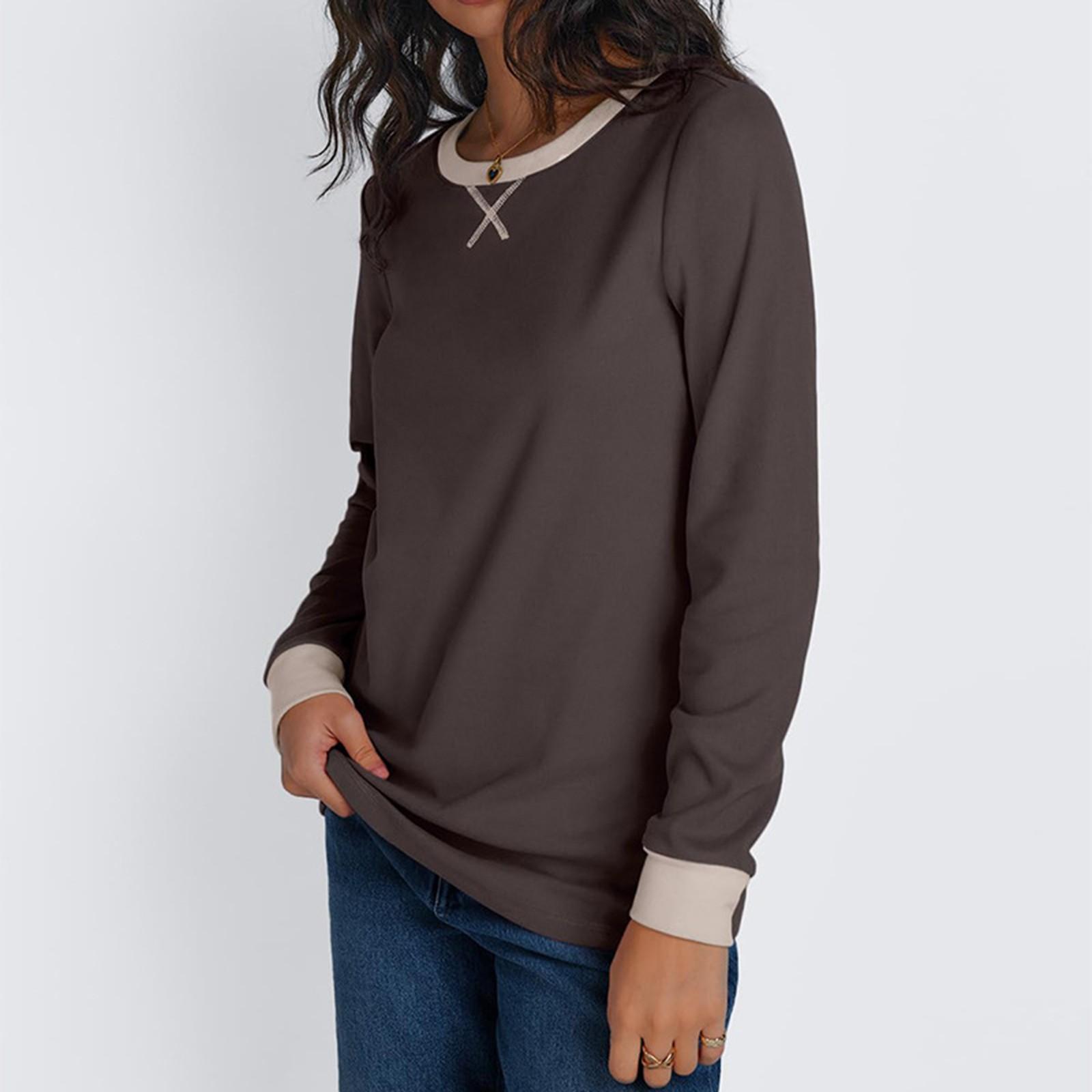 

Женская модная повседневная футболка с круглым вырезом и длинным рукавом в стиле пэчворк, удобный топ L кофейный