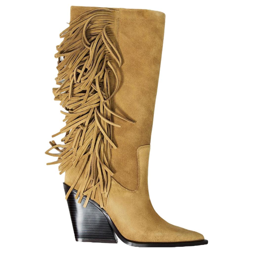 ZARA Lightweight Vintage Fashion Suede Fringe Pointed Toe High Heeled Knee Boots Women boots Brown 13028510709