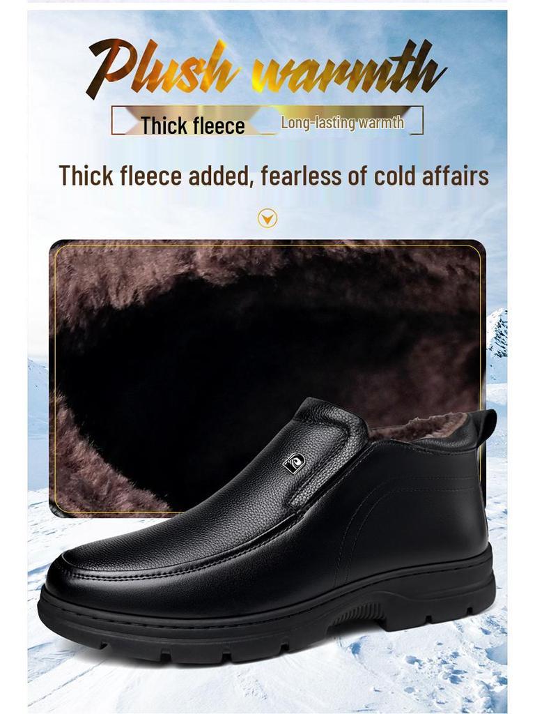 Men's 2025 Winter Genuine Leather Fleece-Lined High-Top Snow Boots with Thick Soles for Middle-Aged and Elderly