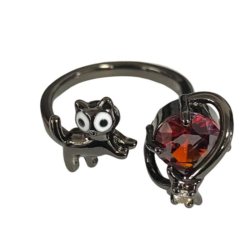 Dark Gothic Y2K Cat Full Diamond Zir*****Pen Ring Sweet Cool Niche Premium Sense Stacked Ring