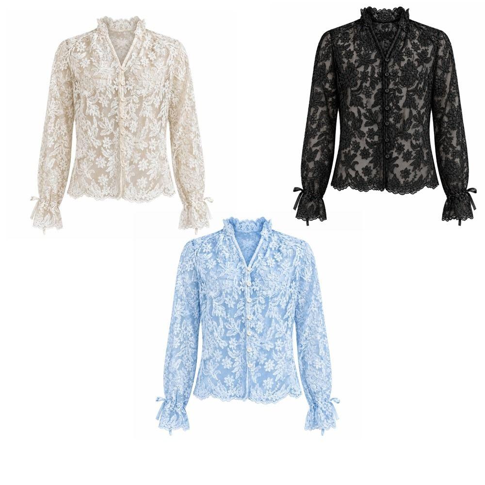 Hollow Out Lace Printed Shirt Slim Fit See Through Mesh Shirt New Women Shirt Tops Summer