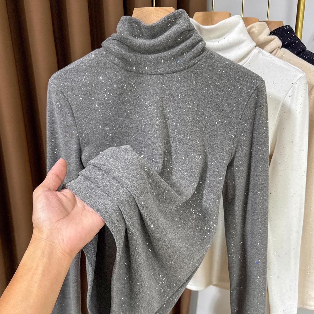 Women's Sequined High-Collar Brushed Corduroy Long Sleeve Shirt - 270g