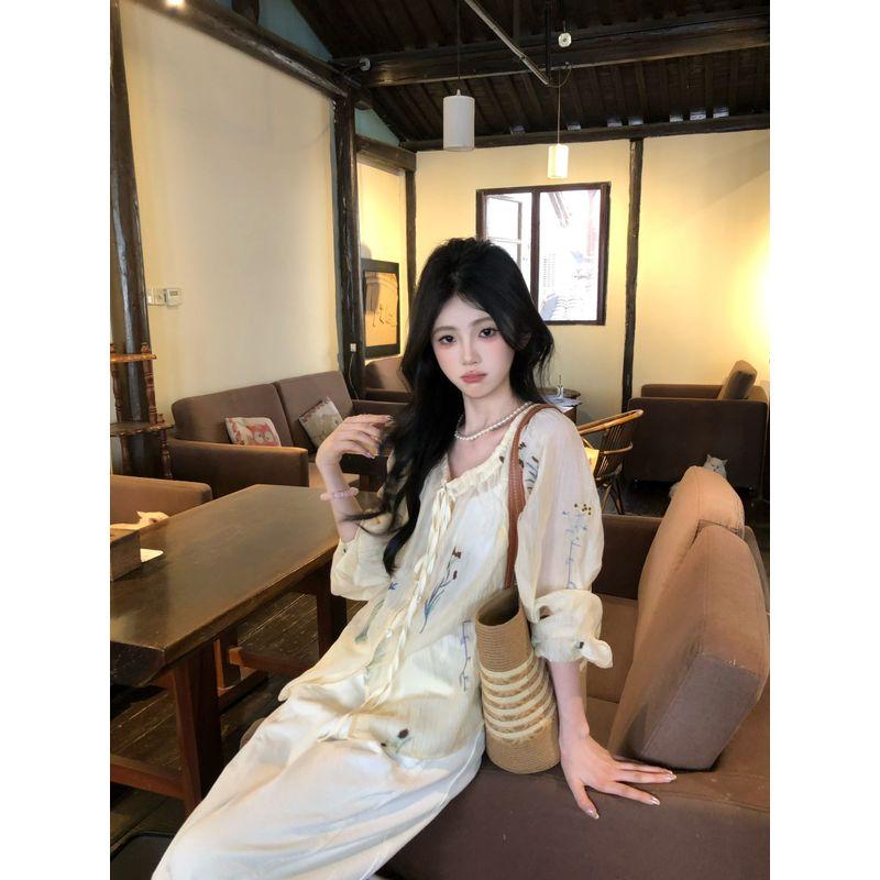 Kumikumi Sweet Style Print Tied Long Sleeves Shirt Women's Autumn New Arrival Niche Loose Slimming Thin Tops