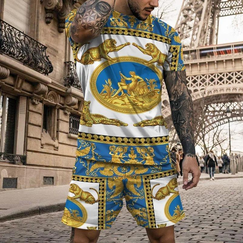 Summer Men's T-Shirt Set Gold Pattern 3D Print T-shirt Shorts 2-piece Set Elegant Casual Clothes Street Baroque T-shirt top