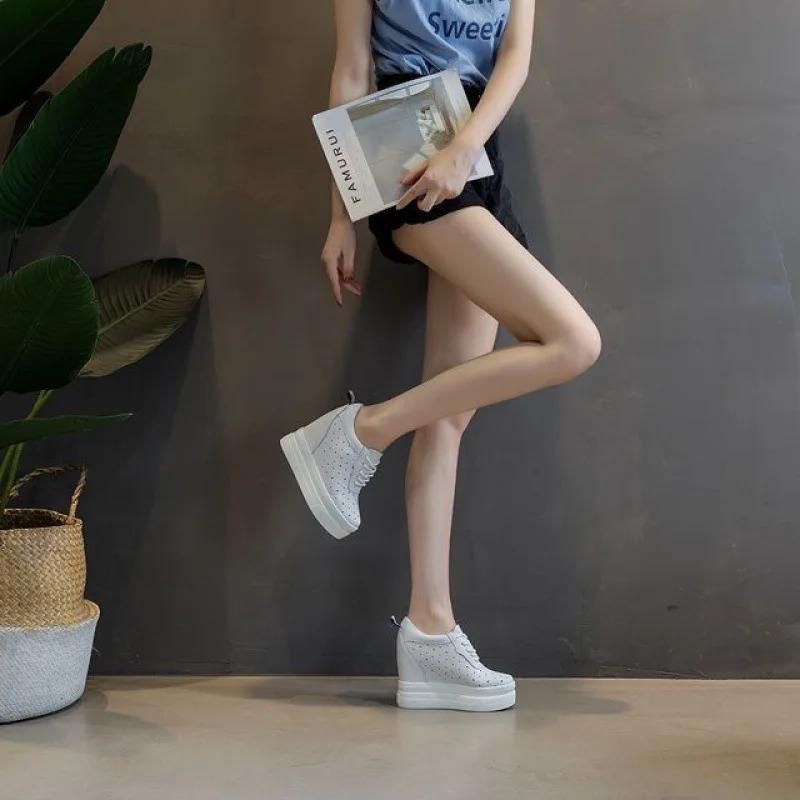 Fashion 11cm Genuine Leather Women Shoes Summer Platform Flats Shoes Summer Women Hollow Super High Heel Loafers Zapatos De Mujer