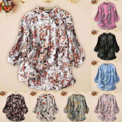 Damen Casual Loose Shirts V-Ausschnitt 3/4 Ärmel Print Button Leinen Tops T-Shirts T-Shirt