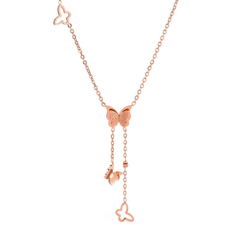 Non-Fading Sweet Fresh Necklace: Titanium Steel Tassel with Diamond-Embellished Multiple Butterflies