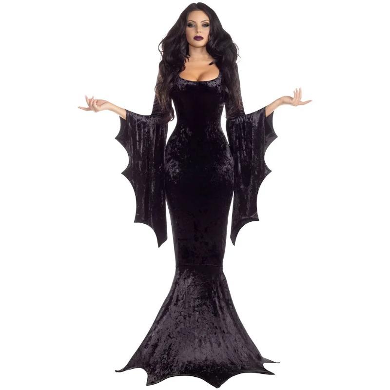 Costume Morticia Addams Long Train Dress Halloween Terror Dark Outfit Gothic Gown Robe Bat Sleeve Horror For Adult