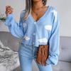 Women Autumn Winter Knitted Cardigan Long Sleeve V Neck Printed Single Breasted Sweater