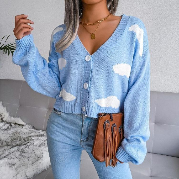 Women Autumn Winter Knitted Cardigan Long Sleeve V Neck Printed Single Breasted Sweater