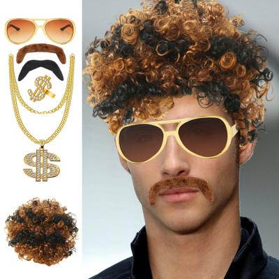 Conjunto de perucas para vestir colar anel óculos de sol bigode falso vintage anos 80 cosplay festa discoteca fantasia foto adereço performance peruca cacheada