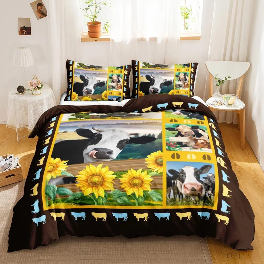 Soft Vibrant Cute Cow Print Kawaii Highland Cartoon Farm Animals Polyester Queen King Comforter