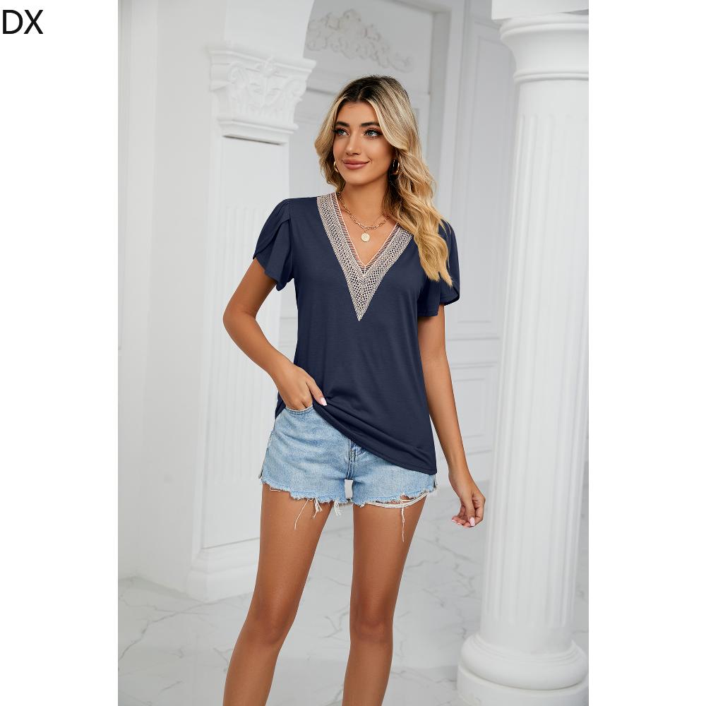 DX весна/лето новая однотонная футболка с короткими рукавами и золотым кружевом — фото 12