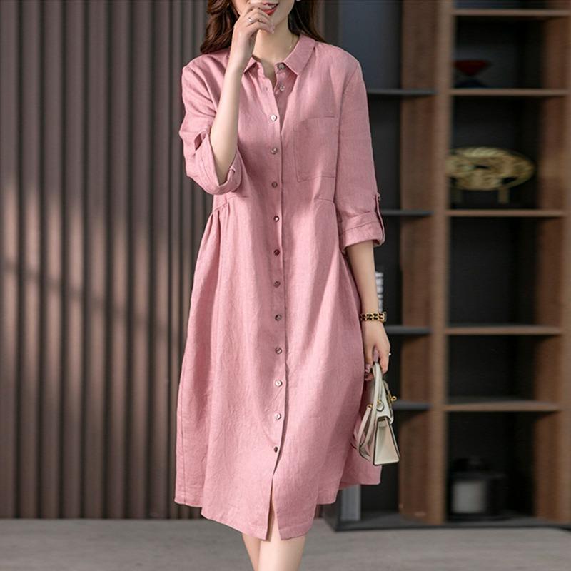 2026 Lockeres Freizeit-Hemdblusenkleid Sommer Neu Koreanische Mode Einreihig Büro Einfache Kleider Revers Tasche Einfarbig Sieben-Viertel-Ärmel Süß Elegant