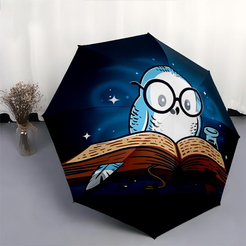 1pc Reading Owl Harry Potter Pattern Automatic 3-Fold Umbrella, 8 Iron Frames, High-Value Folding Umbrella, Suitable for Office, Travel and Outdoor Ad