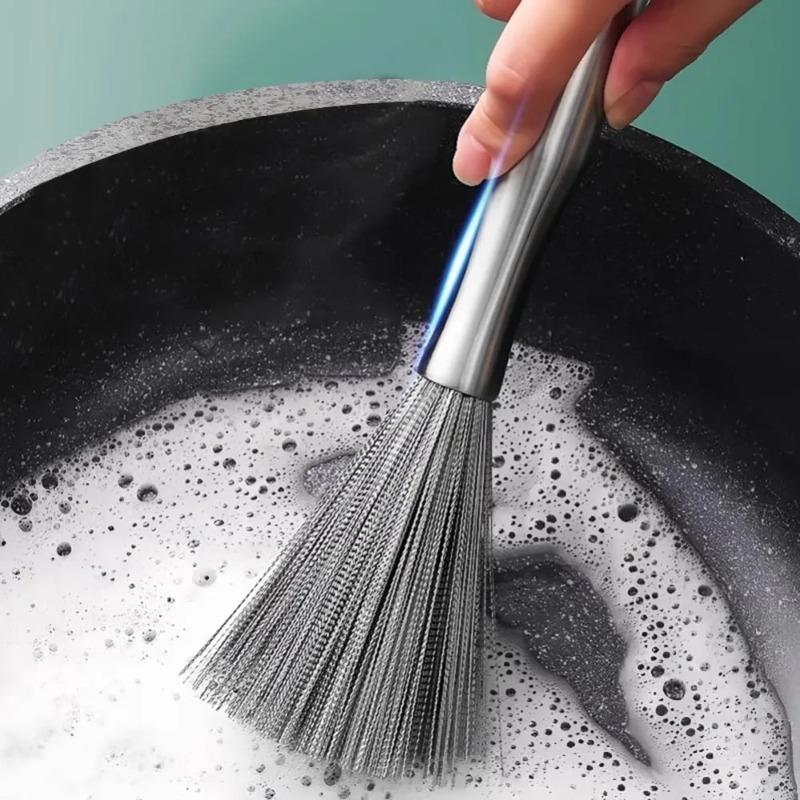 Long Handle Stainless Steel Pan Brush, Strong Decontamination Kitchen Cleaning Tool for Bowl, Plate, Sink & Stove Top