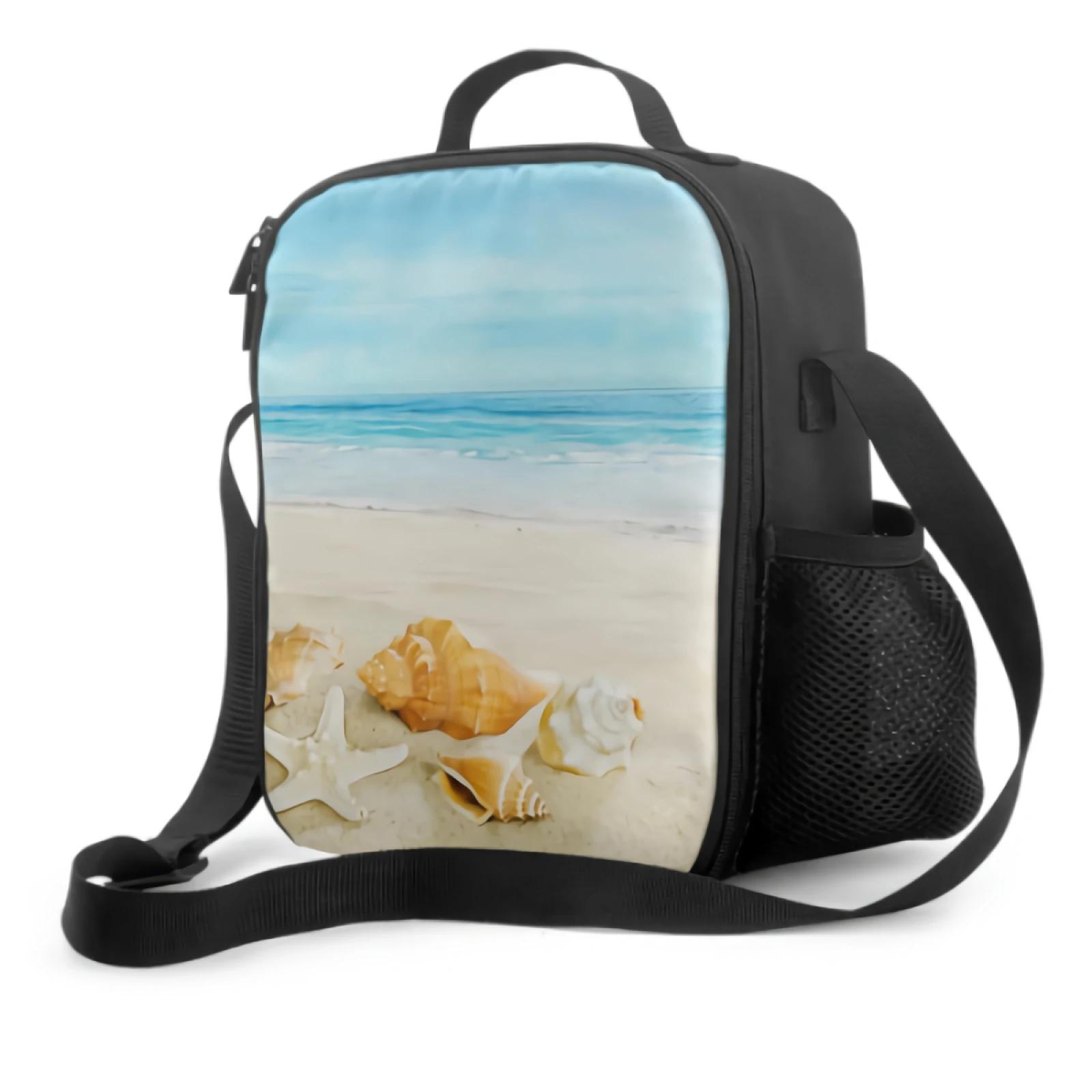 

Landscape With Shells On Sandy Beach Insulated Lunch Box Nautical Ocean Sea Theme Lunch Bag Food Container for Travel Picnic 26.5x20x11.5CM бежевий