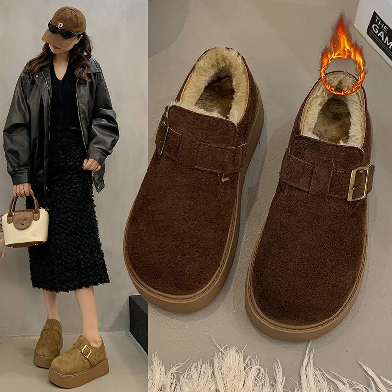 Leather thick-soled velvet women's warm snow boots, winter new one-pedal cotton shoes