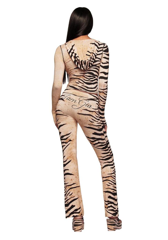 European & American Animal Print Hooded Color Block Elastic Jacket & Pants Set