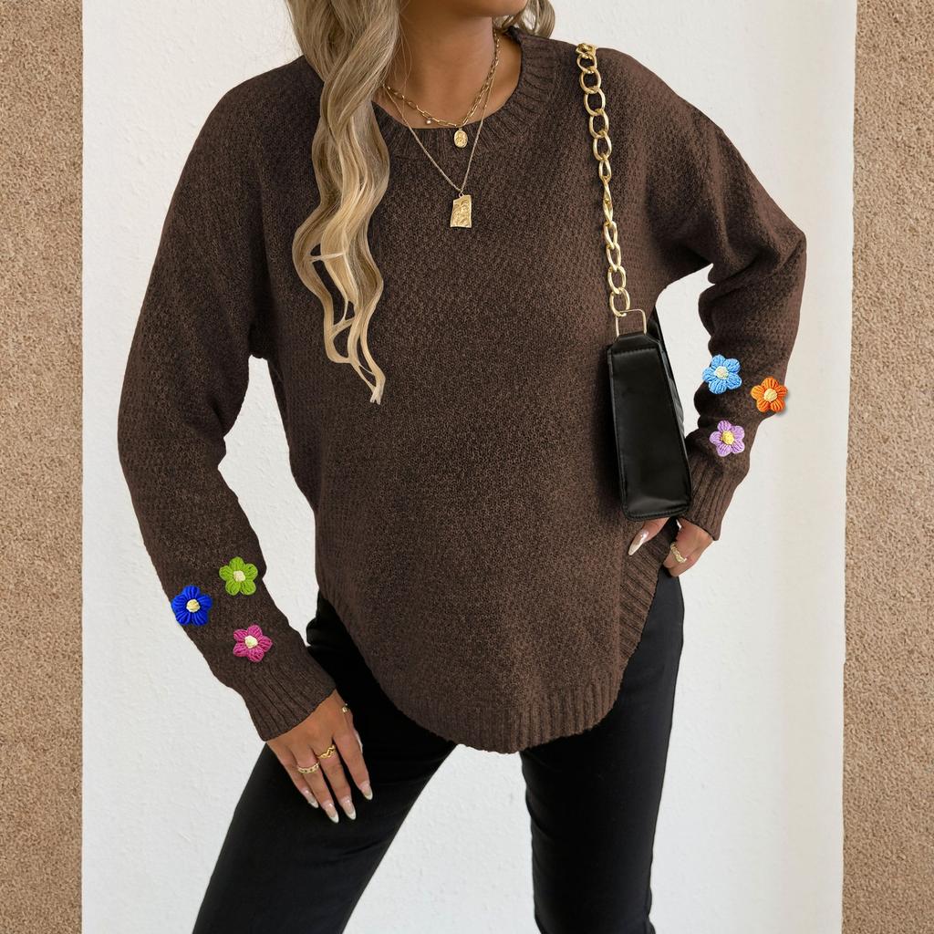 Women's T-Shirt Vintage Floral Print Round Neck Loose Long Sleeve Mid-Length Thumb Leak Top